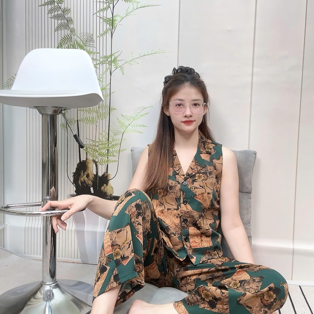 [ Xã Kho ]Mango Đồ Bộ Lụa Cổ Vest Áo Sát Nách Quần Dài Ống Suông Lưng Thun Co Giãn Thoải Mái Size 40-67kg Sang Trọng Thờ