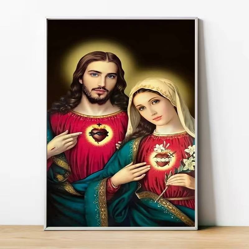 Nghệ thuật treo tường Scandinavia cổ điển của Đức Trinh Nữ Maria và Thánh Tâm Chúa Giêsu. Poster Christian HD để in vải canvas cho trang trí nhà, phòng ngủ và phòng khách