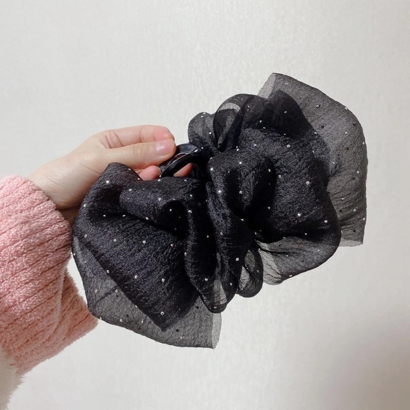 kẹp tóc nơ tiểu thư càng cua Hai Mặt Tạo Bong BóngKẹp tóc nơ voan chấm bi cặp tóc nơ size lớn 13cm búi sau