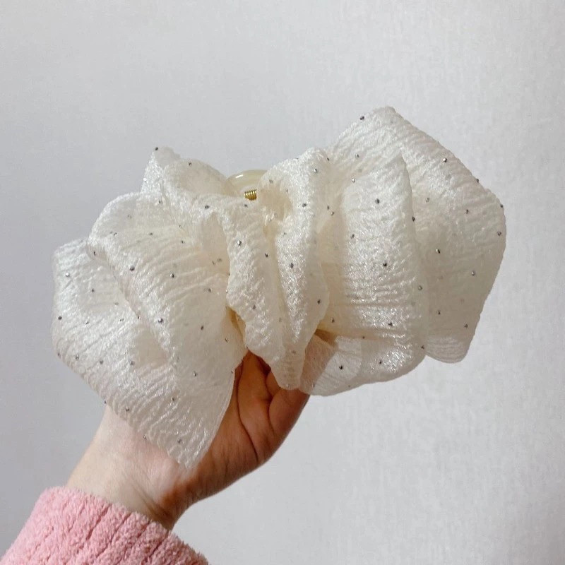 kẹp tóc nơ tiểu thư càng cua Hai Mặt Tạo Bong BóngKẹp tóc nơ voan chấm bi cặp tóc nơ size lớn 13cm búi sau