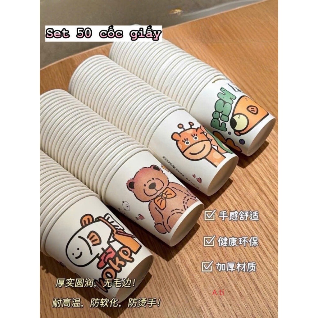 Set 50 cốc giấy dùng 1 lần chịu nhiệt  hình capybara
