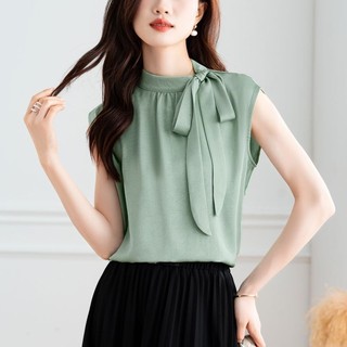 Đứng Cổ Nơ Phối Ren Voan Áo Sơ Mi Nữ Mùa Hè Thời Trang Sang Trọng Người Nổi Tiếng Không Tay Áo Sơ Mi Nhỏ Sang Trọng Top