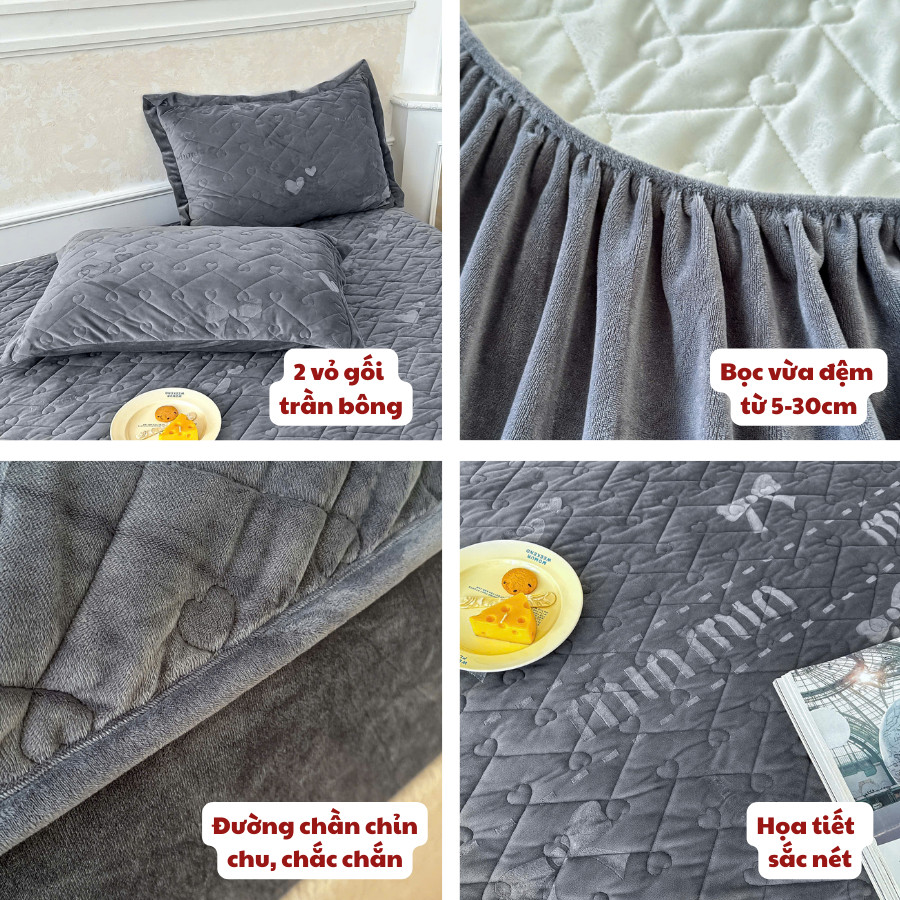 Bộ ga gối nỉ nhung lì MemMinBedding Luxury ga bọc chun trần thiết kế tinh tế, ấm áp, mềm mại - GG171