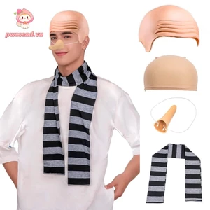 Dụng cụ hóa trang Gru Cos - Bộ phụ kiện trang phục Halloween dành cho nam với khăn sọc đen xám, đầu hói và mũ cosplay