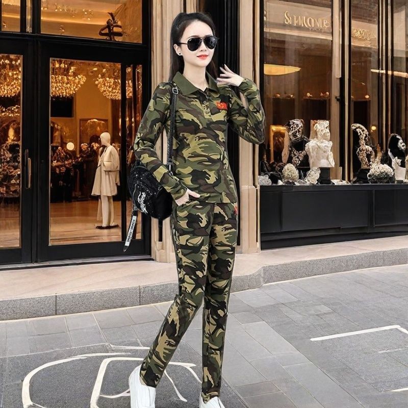 Bộ đồ ngụy trang Quần áo khiêu vũ thủy thủ + Quần dài tay giải trí ngoài trời Bộ đồ chạy bộ thể thao nữ
