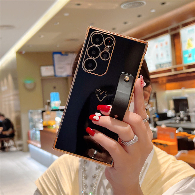 Dây Đeo Cổ Tay Giá Đỡ Mạ Dành Cho Samsung Galaxy S25 S24 FE S25 S24 S23 UItra Plus Bên Trái Tim Tình Yêu Chống Sốc Ốp lưng