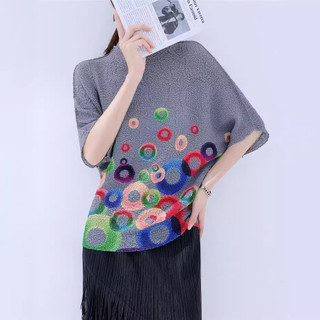 Miyake Áo Thun Nữ Xếp Ly Xuân Hè, Co Dãn, Thiết Kế In Hình