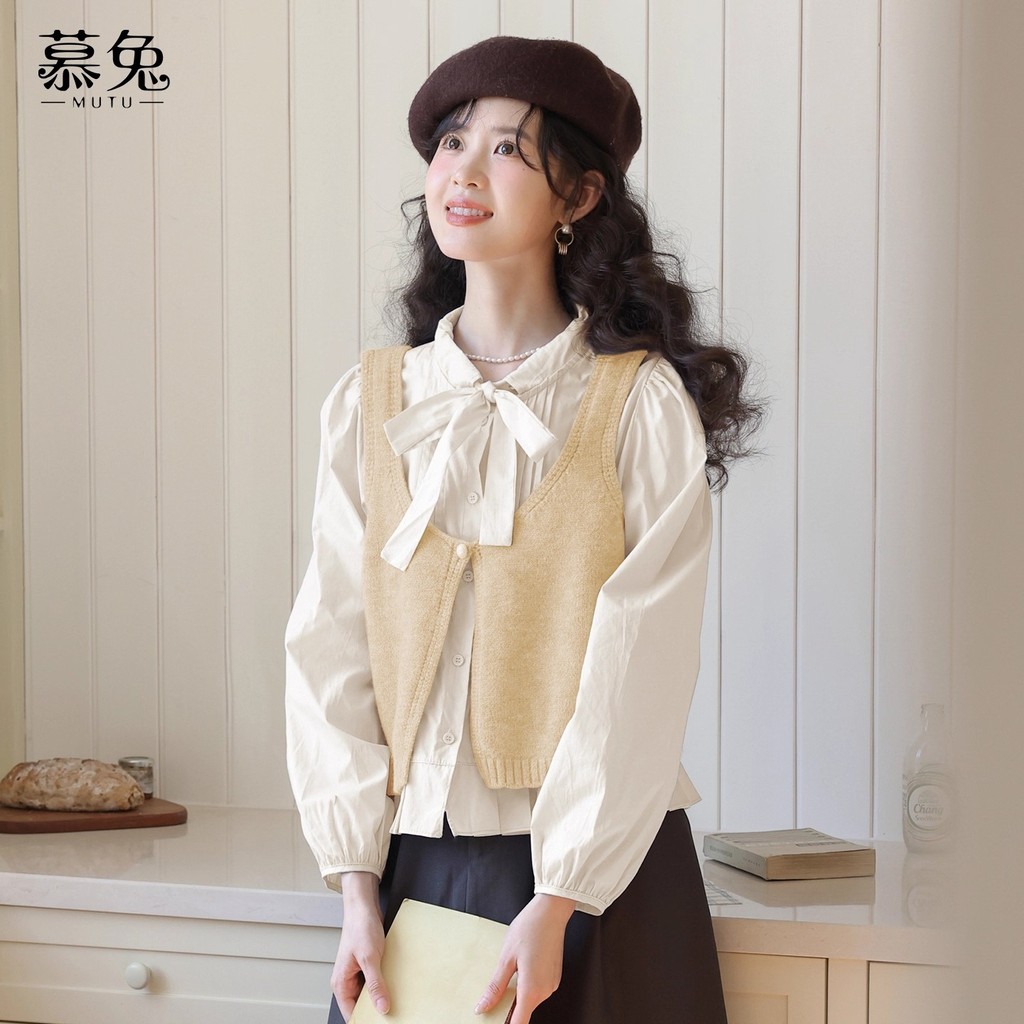 Mutu Preppy Phong Cách Nơ Dài Tay Áo Sơ Mi Nữ Mùa Xuân 2026 Phong Cách Mới Dệt Kim Áo Vest Top Hai Mảnh Bộ
