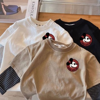 Mùa Xuân Thu Phong Cách Mới Trẻ Em Hoạt Hình Mickey Cổ Tròn Dài Tay Giả Hai Mảnh Bé Trai Thời Trang Đáy Áo Sơ Mi