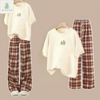 Sét Bộ Quần caro đỏ + mix áo phông form rộng -chữ AB--K