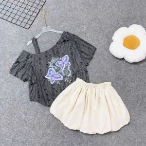 Set đồ áo thun nữ lệch vai in bươm bướm phối chân váy bí xòe xinh xắn, form rộng dễ thương bigsize - A316+CV413