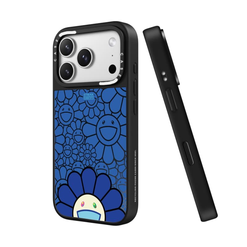 TAKASHI MURAKAMI x CASECASE: FLOWERS BLOOM SMILE (XANH) Gương đen & bạc Vỏ iPhone hút từ tính cho iPhone 17 Air 16 15 14 13 12 Pro Max Plus logo khắc