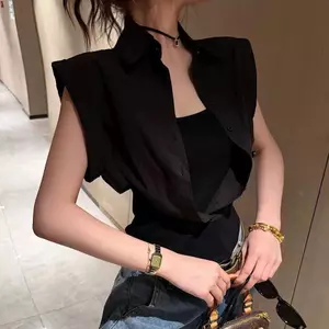 Áo sơ mi không tay cổ polo thời trang phong cách Hàn Quốc dành cho nữ Mùa hè 2026 Phong cách mới Cam giả hai mảnh mỏng hơn