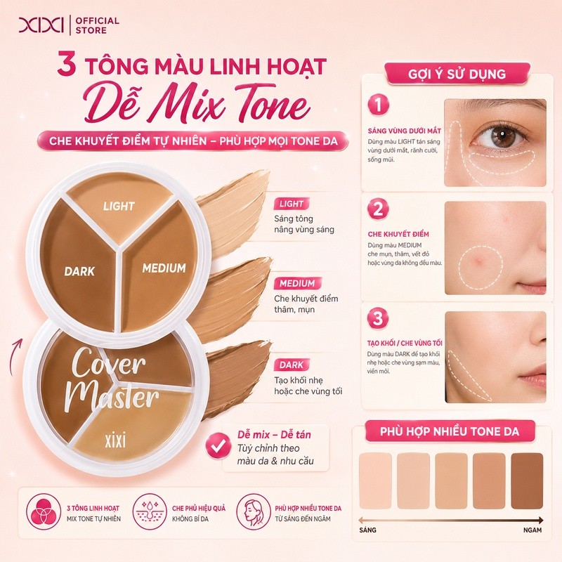 Xixi Bảng Che Khuyết Điểm 3 Ô Dạng Kem Che Mụn Che Thâm Quầng Mắt Tự Nhiên Lâu Trôi D457