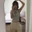 Sọc màu tương phản cổ chữ V đơn giản Hàn Quốc Tay ngắn Slim-Fit Slimer Look Lace-Up Bow Short Top