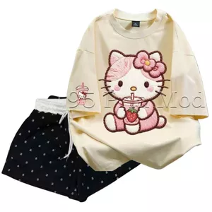 Sét đồ mùa hè siêu thoải mái Quần đùi cộc chữ Aaa dáng ngắn đen + phông cotton 3158 hình kityyy -unisex94