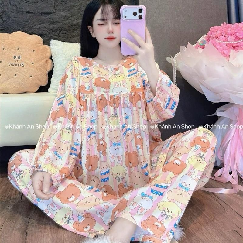 HÀNG CHUẨN Khánh An Shop Babydoll KA123 - Đồ Bộ Tole Lanh Nữ Mặc Nhà Áo Cổ Tròn Tay Dài Quần Dài Size M/L/XL E6