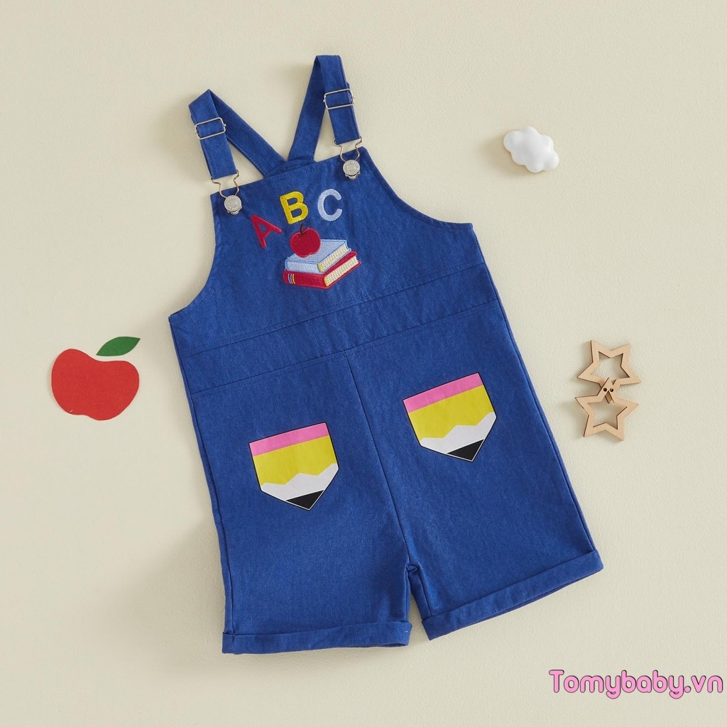 [lpDL] Quần yếm trẻ em Back to School Letter Book Thêu áo liền quần không tay có khóa thông thường