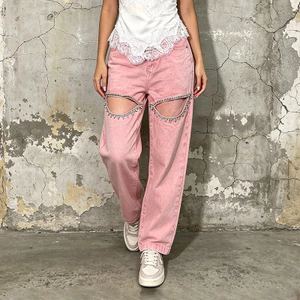 Châu Âu Mỹ Niche Hot Girl Phong Cách Jeans 2026 Phong Cách Mới Cao Cấp Kim Cương Rỗng Thiết Kế Màu Trơn Dài Ống Rộng Quần Nữ