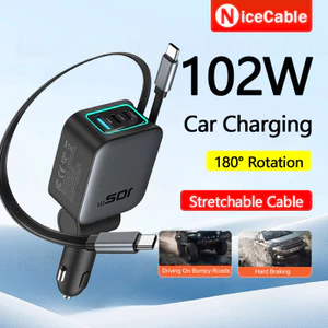 Sạc siêu nhanh 102W USB + Bộ sạc xe hơi 2 loại C 180° Có thể gập lại với bộ chuyển đổi sạc xe hơi bằng cáp có thể thu vào