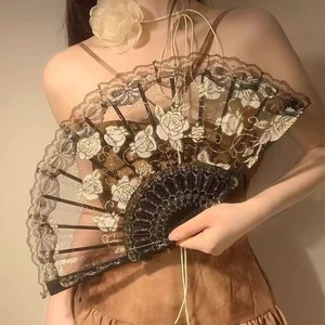 Mới Retro Phong Cách Trung Hoa Quạt Ren Khiêu Vũ Gấp Quạt Ảnh Hanfu Sườn Xám Ảnh Phong Cách Cổ Đại Đặt Đạo Cụ