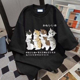 Áo thun nam nữ cổ tròn họa tiết mèo dễ thương, chất liệu cotton mềm, kiểu dáng cơ bản dễ phối nhiều đồ
