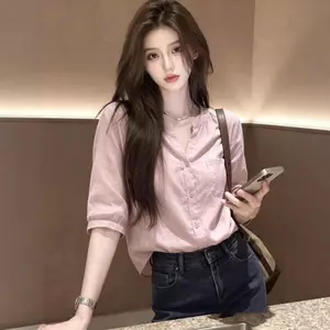 Áo sơ mi mỏng tay màu hồng phong cách Hàn Quốc dành cho nữ mùa hè Áo sơ mi dáng rộng cao cấp phù hợp cho mọi trận đấu