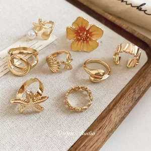 Ngón Tay Hoa ~ Dầu Nhỏ Giọt Sao Biển Hoa Ngọc Trai Nhẫn Phong Cách Thời Trang Chỉ Số Nhẫn Thiết Kế Niche Trang Sức