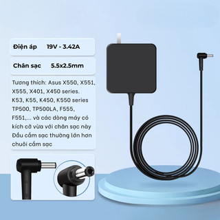 BJ Sạc cho Laptop cho Asus 19V 3.42A 65W Chân To 5.5x2.5mm Bảo Hành 24 Tháng Cho VivoBook ZenBook Expert ProArt Type C