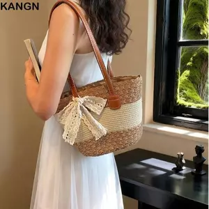 Túi đeo vai KANGN, Túi Tote dung tích lớn dệt bằng rơm, Túi xách đi biển thủ công sọc nhẹ mùa hè
