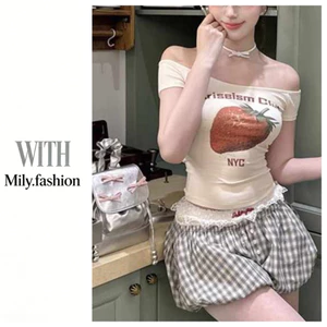 Áo thun ngắn tay in hình dâu tây Milyfashion Mùa hè Phong cách mới Slim-fit Slimer Look Stacked Niche All-Match Short Top One-Shoulder Y2