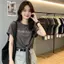 Áo thun buộc dây màu cam mùa hè phong cách Hàn Quốc in chữ dáng rộng ngắn hẹp