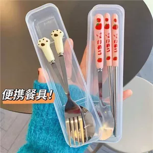 Đũa Thìa Nĩa Bộ Ba Mảnh Nhân Viên Văn Phòng Trẻ Em Dễ Thương Thép Không Gỉ Di Động Bộ Đồ Ăn Hộp 6.24