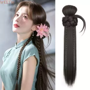 WEETW Dài Thẳng Đuôi Ngựa Phần Mở Rộng, Tổng Hợp 24Inch Hoa Bun Đầu Đuôi Ngựa Bên Cạnh, Ngọt Lớp Móng Vuốt Lông Tơ Kẹp Đuôi Ngựa Tóc Sườn Xám