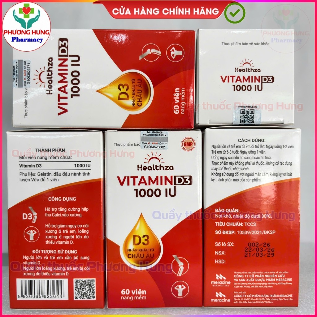 Healthza Vitamin D3 1000IU Tăng Cường Hấp Thu Calci, Giảm Nguy Cơ Còi Xương,Loãng Xương-Hộp 60 Viên