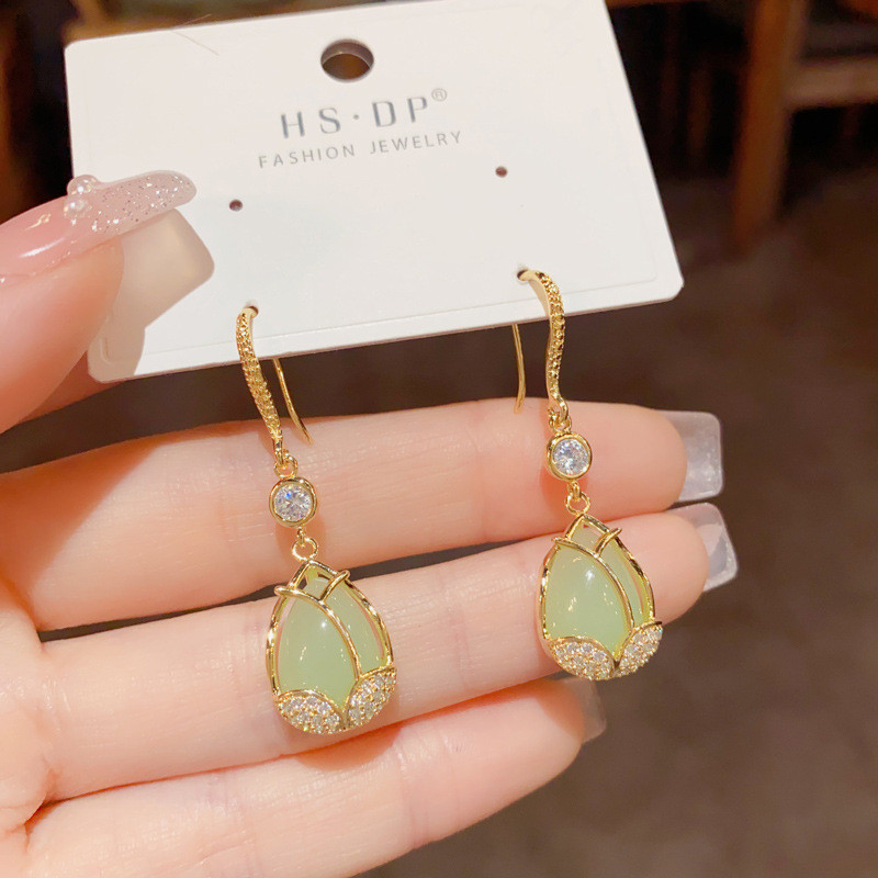 Bông tai hoa Tulip đá mắt mèo nữ