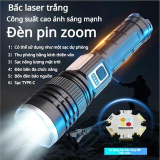 Đèn pin zoom siêu sáng 4 màu, chống nước, có thể dùng làm nguồn điện di động, sạc qua cổng USB và năng lượng mặt trời.