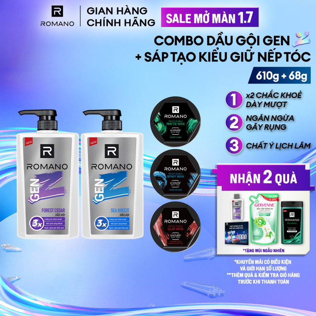 Combo Dầu gội nam Romano Gen Z 610g/ chai  + Sáp vuốt tóc nam 68g/hộp