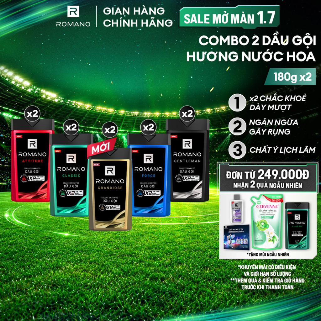 Combo 2 Dầu gội nam Romano hương Nước hoa nam 180g/chai