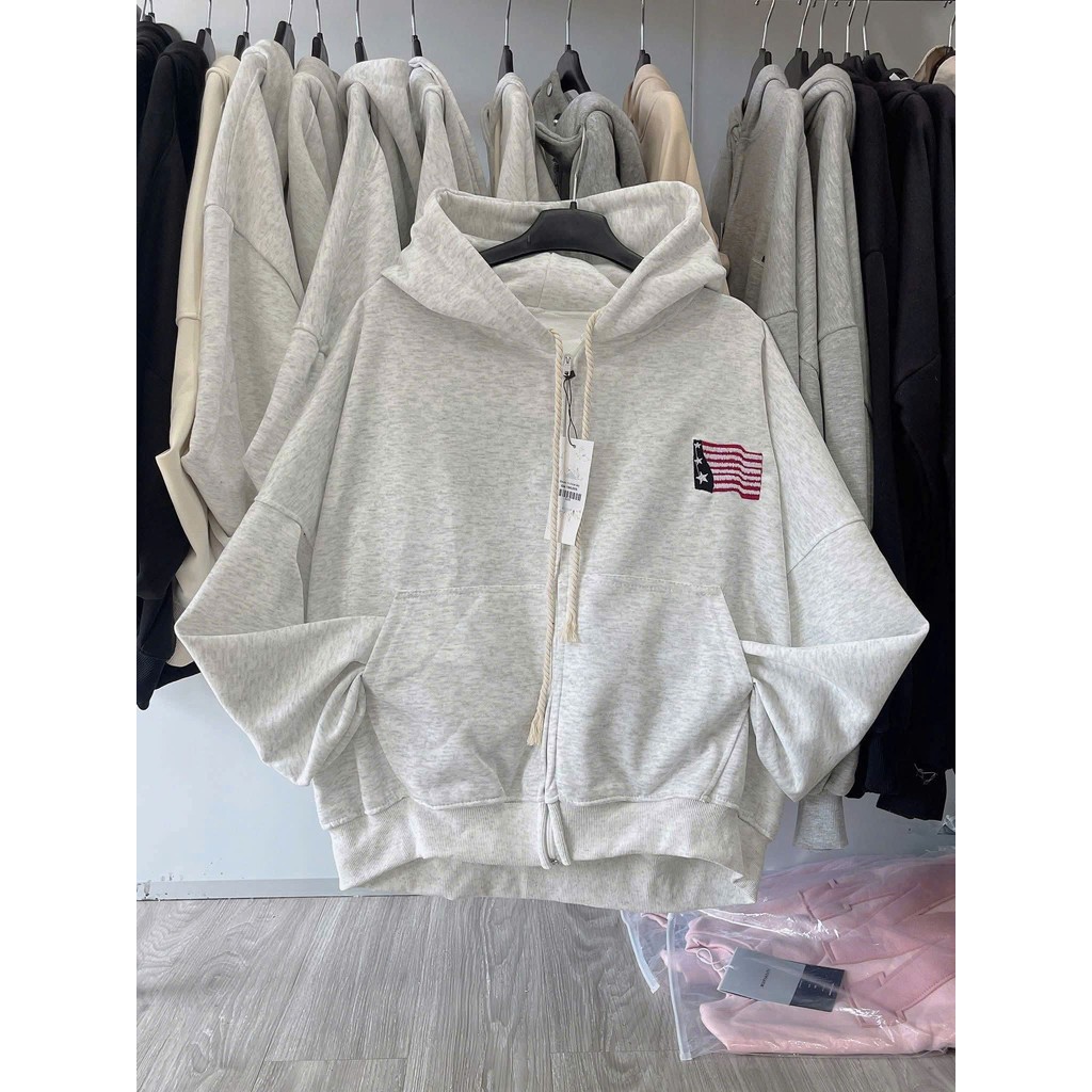 Áo khoác nỉ hoodie unisex rộng form, nhiều màu sắc nam nữ, tay phồng, thiết kế lá cờ Mỹ thoitrangthubio