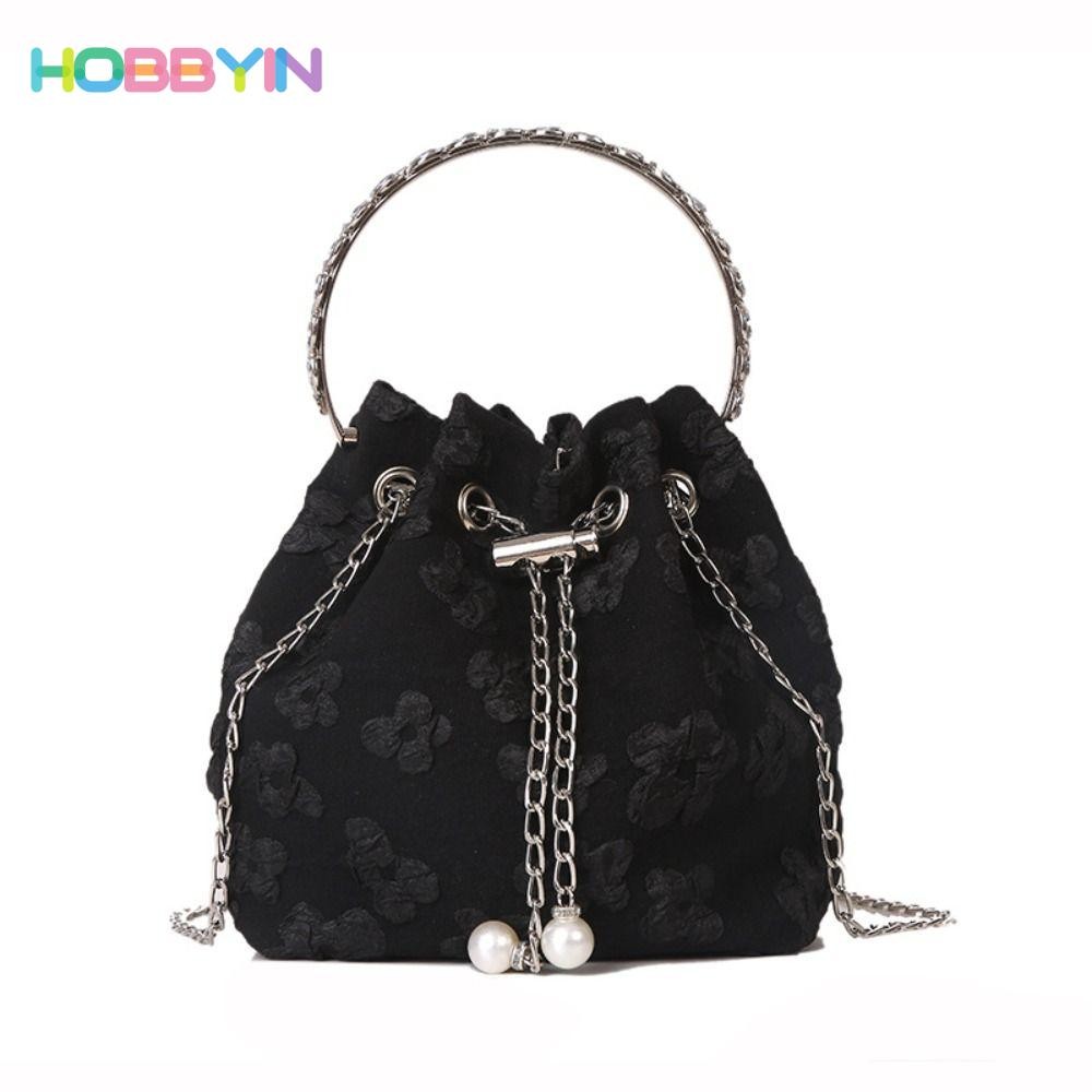 Túi Đeo Vai HOBBYIN, Túi Đeo Ngang Nylon Thiết Kế Hoa Xếp Ly, Dây Xích Thời Trang Vòng Tròn Cầm Tay Tinh Tế Túi Xách Nữ
