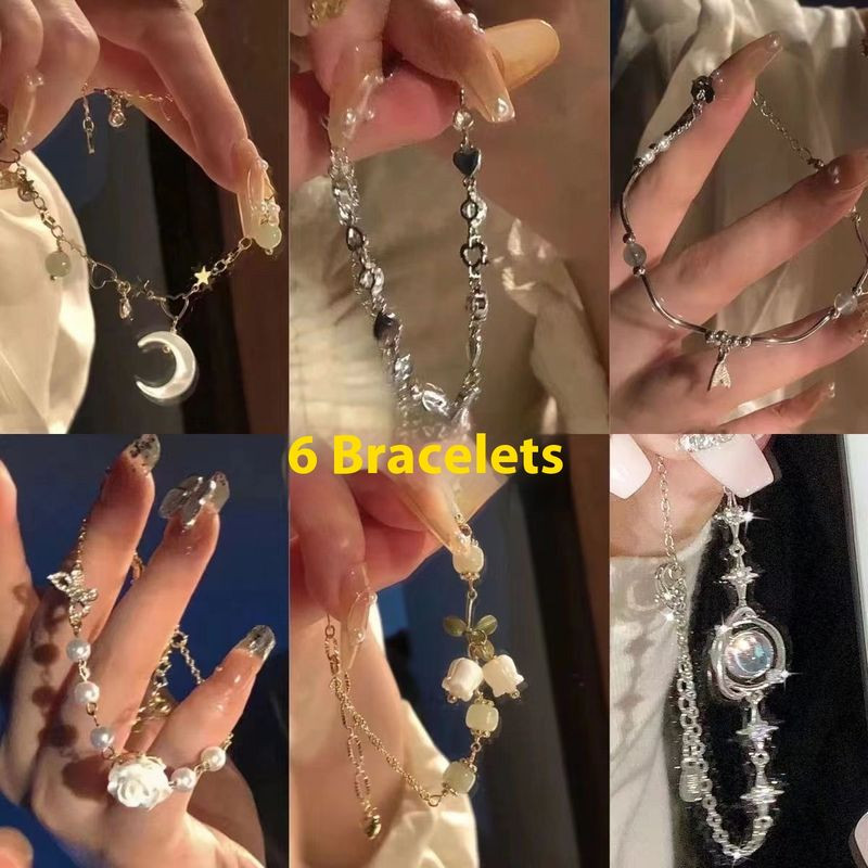 Bộ six mảnh vòng tay đính cườm hoa trà cao cấp, đa năng, dành cho nữ trên Instagram