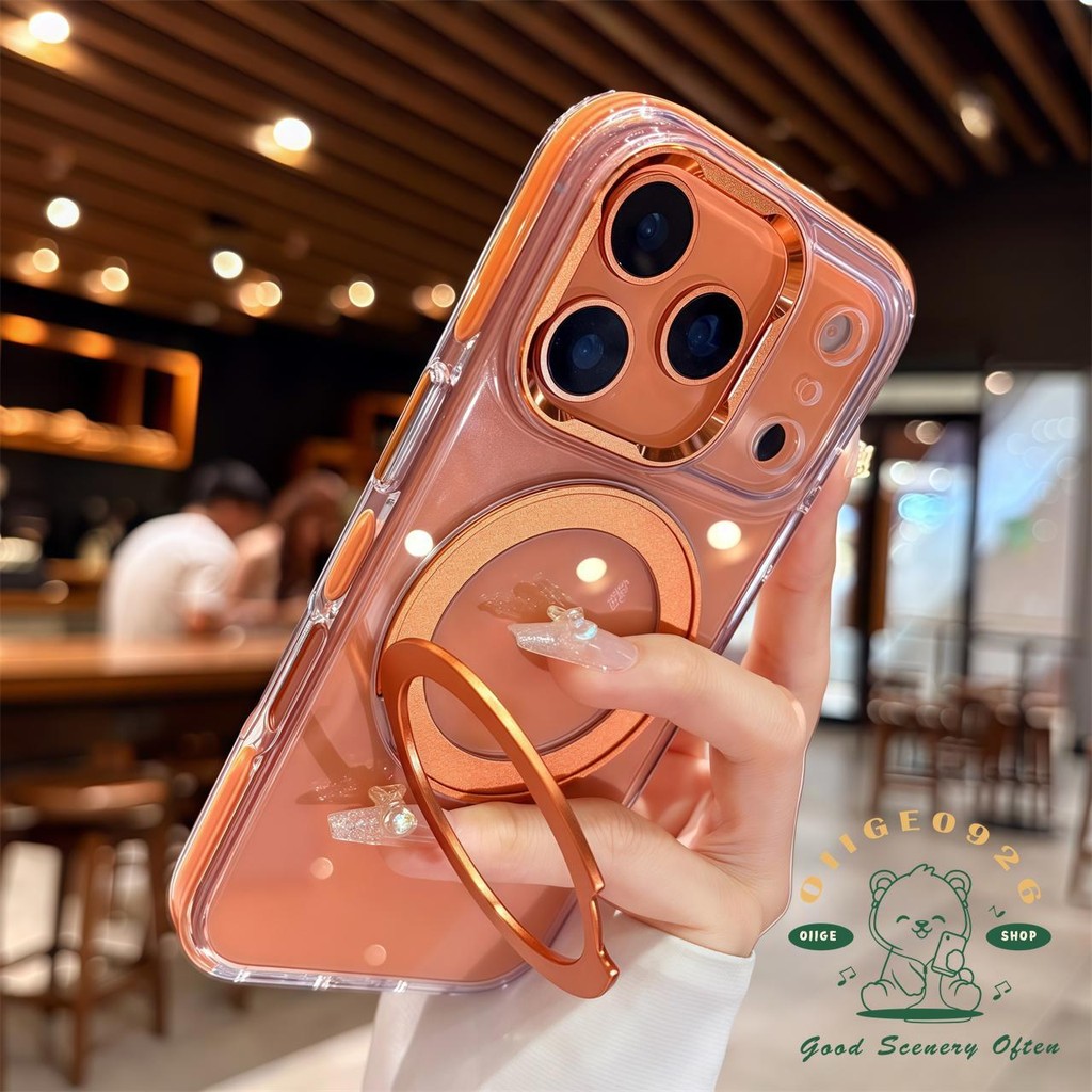 【 Ốp lưng iPhone17 】 Vỏ điện thoại giá đỡ 360 pha lê màu cam từ tính iPhone17 Pro Max 16 15 cho vỏ iPhone vỏ mềm silicon TPU chống sốc