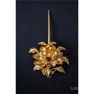 Kẹp tóc hoa mẫu đơn mạ vàng với đá tourmaline, phụ kiện hoàn hảo cho trang phục Hanfu