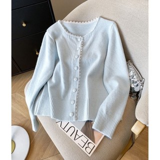 Áo Khoác Cardigan Preppy Cổ Tròn from Ren Sữa Xanh và Len, Phong Cách Hàn Quốc