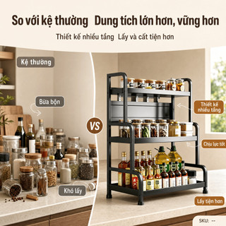 Kệ nhà bếp đa năng chống gỉ, 2-3 tầng điều chỉnh, có giá để dao, thớt và lỗ cắm đũa thìa.
