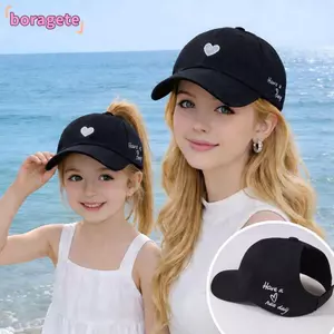 Mũ bóng chày BORAGETE cho bé gái, Mũ đuôi ngựa cao thêu trái tim thoáng khí, Dụng cụ chống nắng chống nắng dễ thương Mũ bóng chày trẻ em