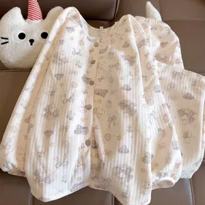Đồ Ngủ Thu Đông Cho Nữ Áo Cardigan Cổ Tròn Giữ Ấm Quần Dài Tay Cotton Có Lớp Không Khí Ngọt Ngào Mặc Nhà Bộ Đồ Nữ
