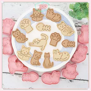 JRP 8 Cái / bộ Mèo Động Vật Nhỏ Cắt Bánh Quy Khuôn Nhựa 3D Hoạt Hình Có Thể Bấm Bánh Quy Khuôn Tem Nhà Bếp Nướng Bánh Ngọt Dụng Cụ Nướng Bánh JRP