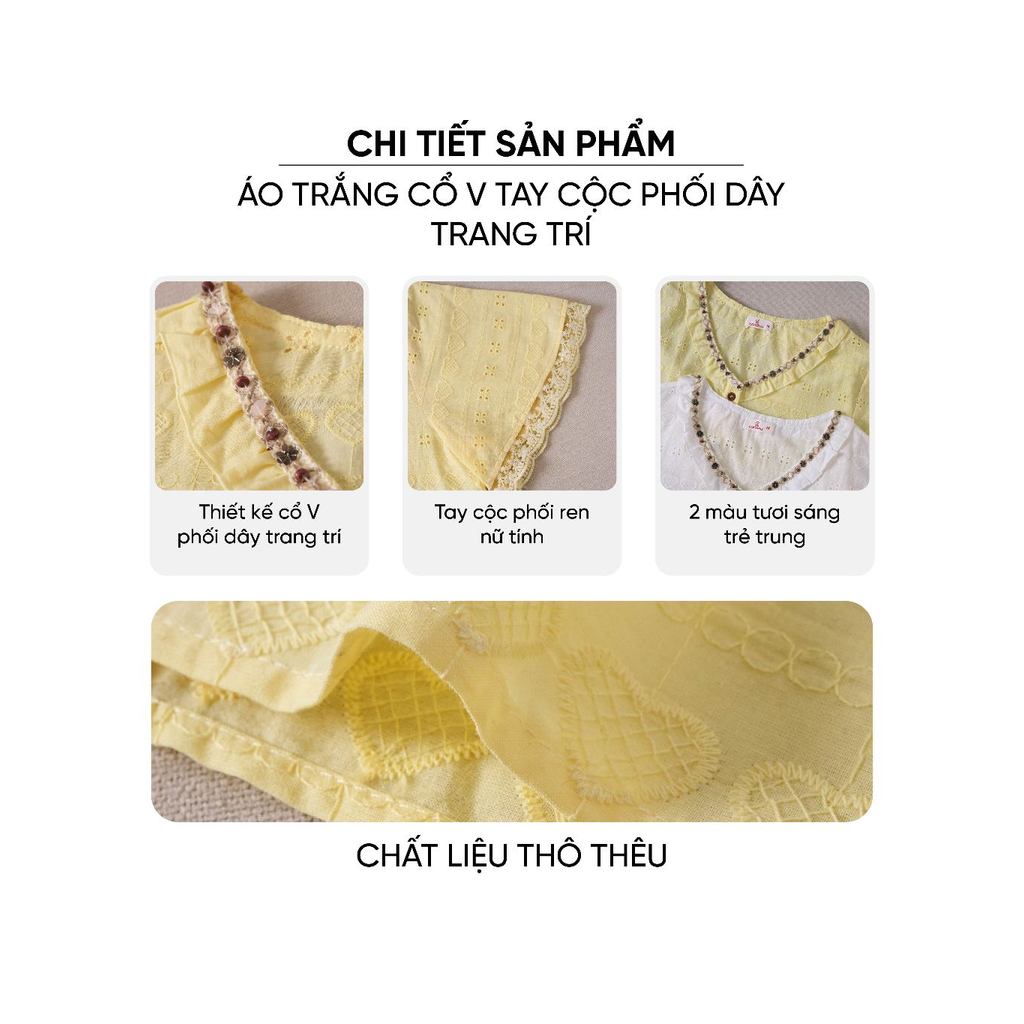 Áo kiểu nữ CARDINA chất liệu thô thêu cổ V tay cộc phối dây trang trí 6AKC27